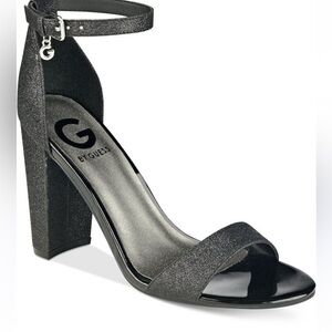 G By Guess, Sparkling Dressy Black Ankle Strap Sandals, 4” Block Heel, Size 9